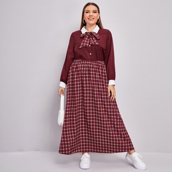 

Plus Tie Neck Blouse With Plaid Skirt, Burgundy