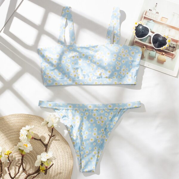 

Daisy Floral Tanga Bikini Swimsuit, Baby blue
