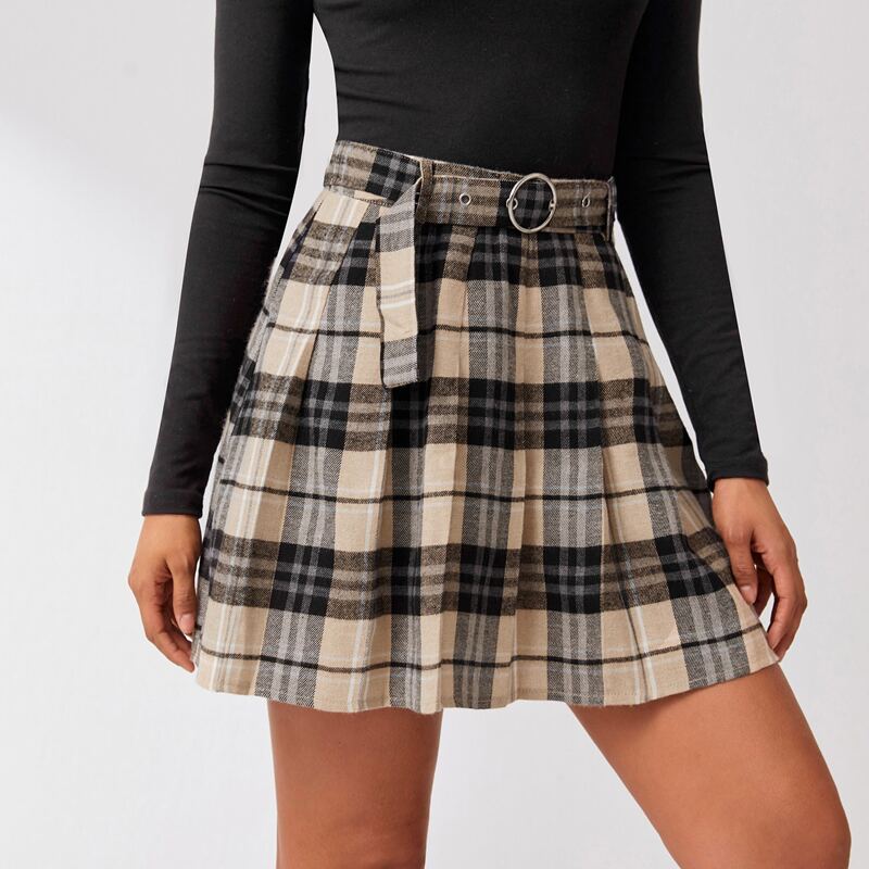 

Plaid Pleated Skirt With Belt, Multicolor