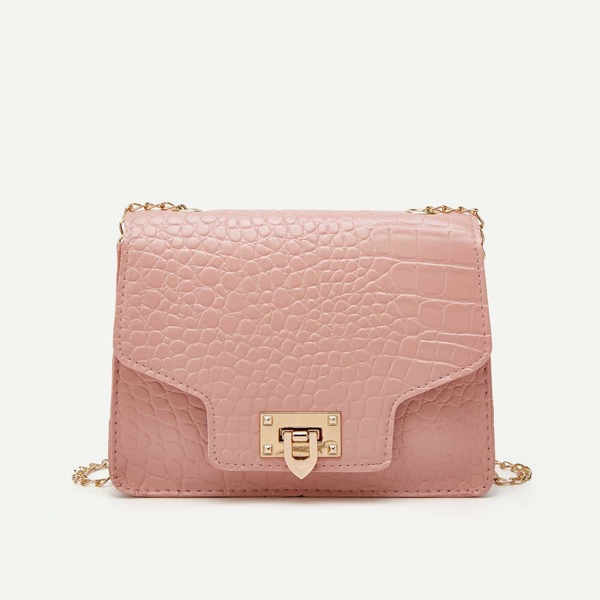 

Croc Embossed Flap Chain Crossbody Bag, Pink