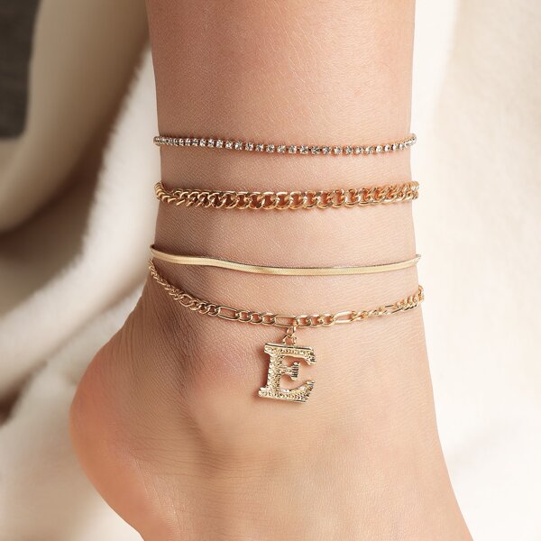 

4pcs Letter Charm Chain Anklet, Gold