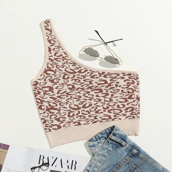 

One Shoulder Leopard Pattern Knit Top, Multicolor