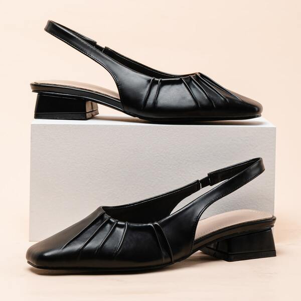 

Square Toe Ruched Slingback Pumps, Black