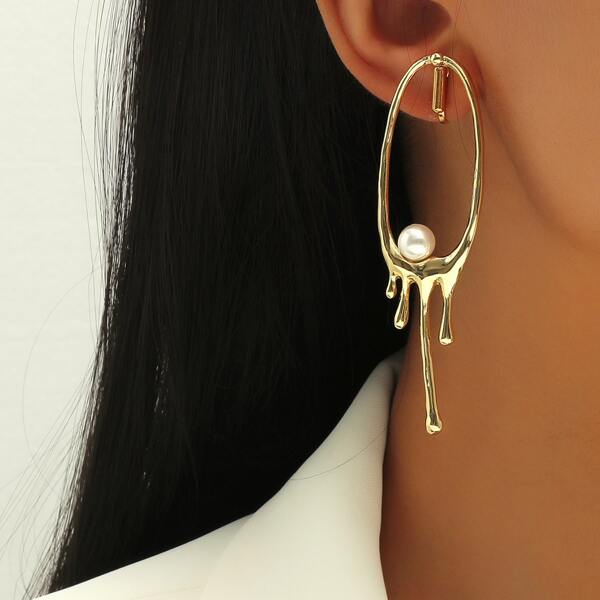 

Faux Pearl Geo Decor Earrings, Gold