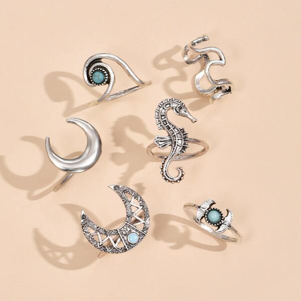 

6pcs Moon Design Ring, Silver