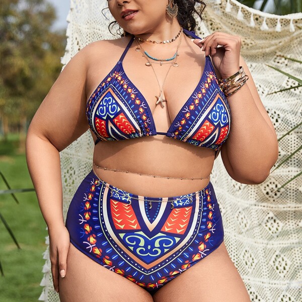 

Plus Graphic Print Triangle High Waisted Bikini Swimsuit, Multicolor