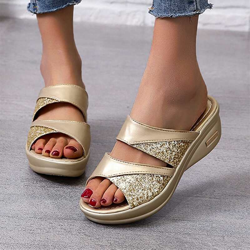 

Glitter Double Band Wedge Mules, Gold