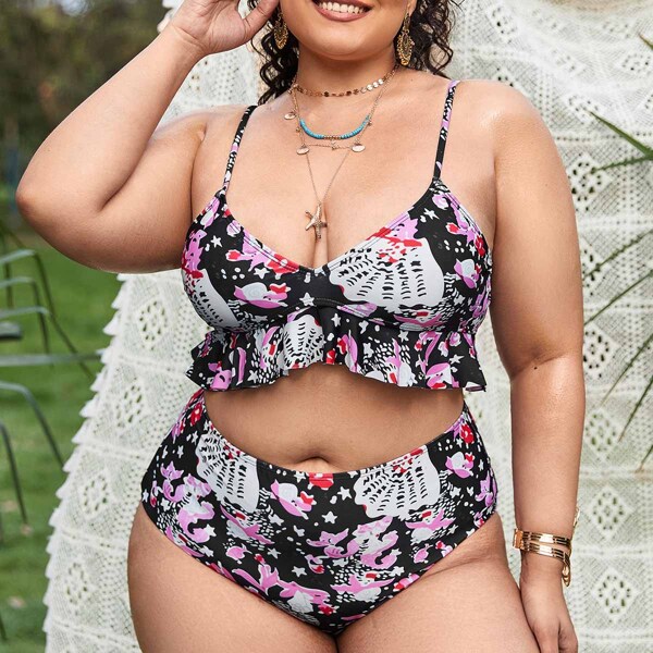 

Plus Allover Graphic Ruffle Hem Bikini Swimsuit, Multicolor