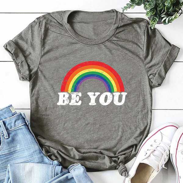

LGBTQIA футболка размера плюс с принтом радуги, Серый