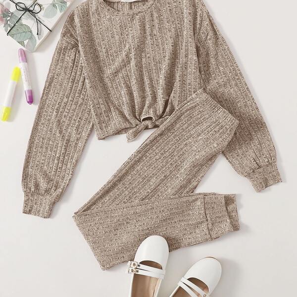

Girls Knot Hem Top & Pants Set, Khaki
