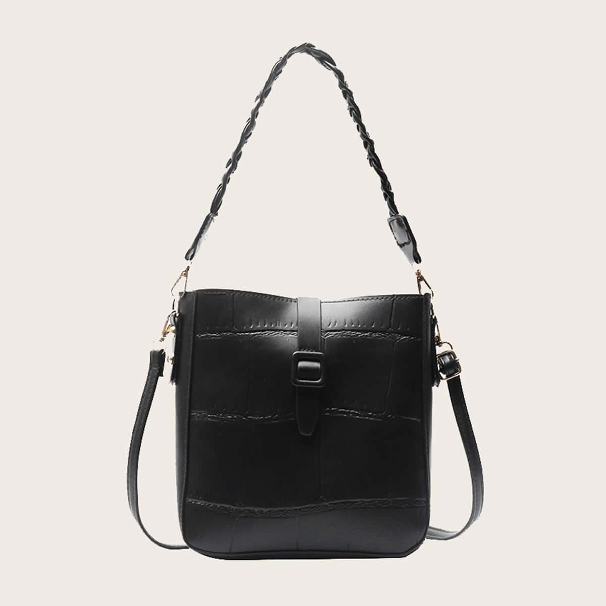

Croc Embossed Chain Bucket Bag, Black