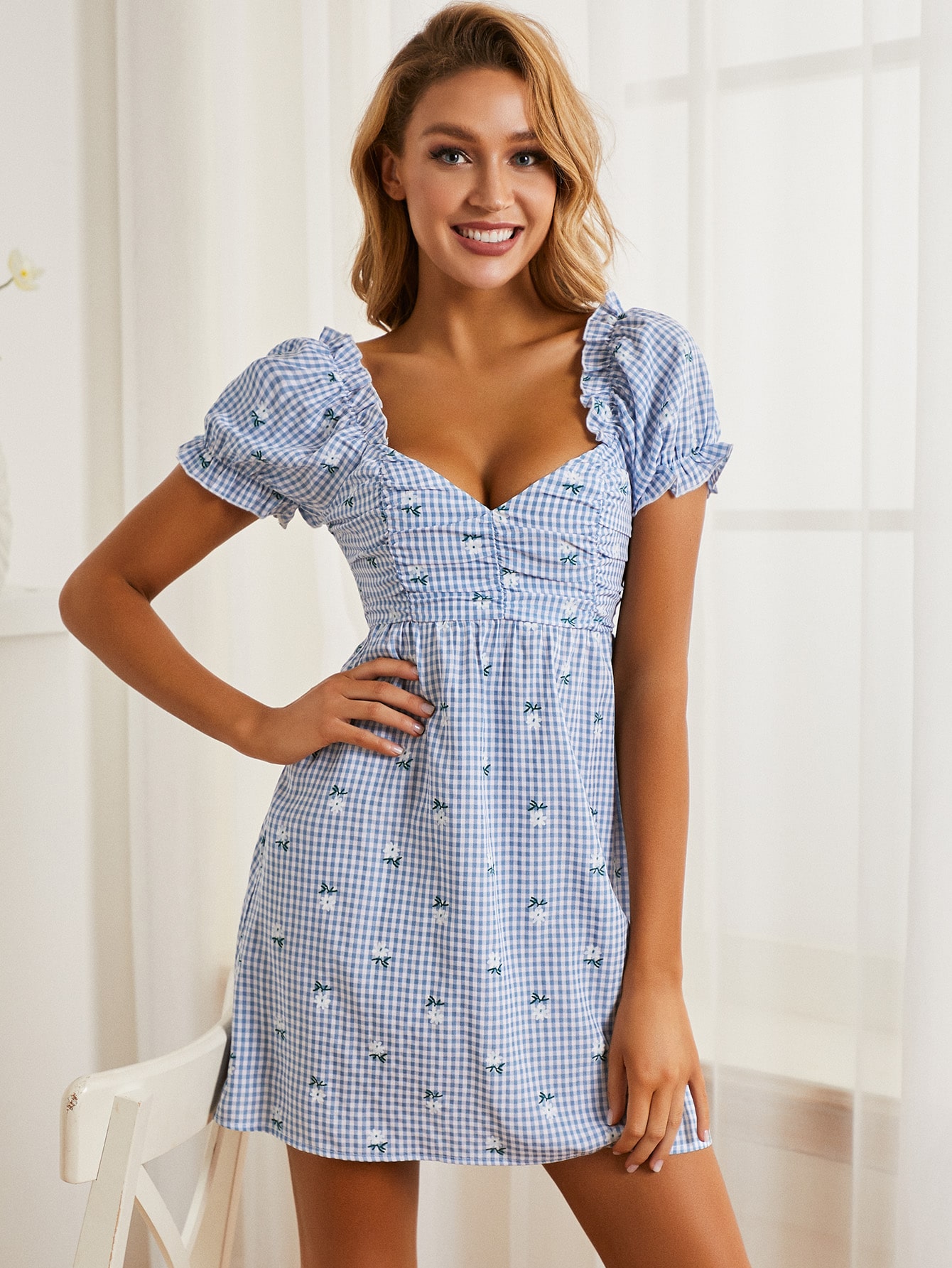 Puff Sleeve Ruched Ditsy Floral & Gingham Dress thumbnail