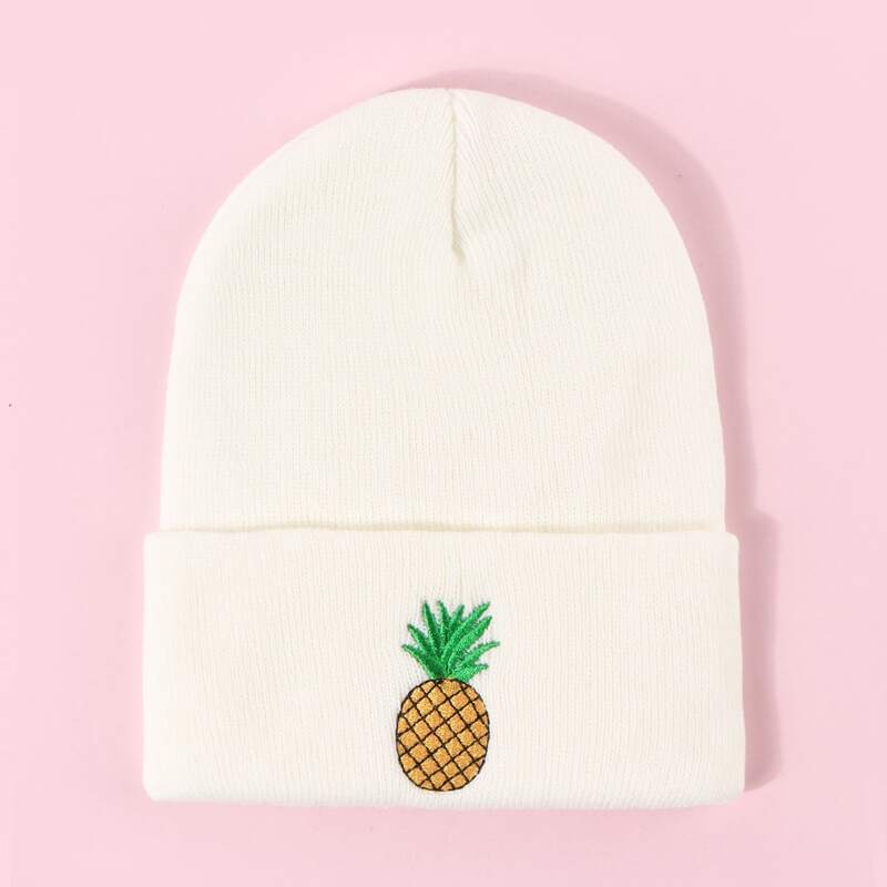 

Pineapple Embroidery Knit Beanie, White