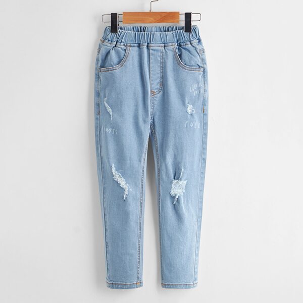 

Girls Ripped Letter Graphic Jeans, Light wash