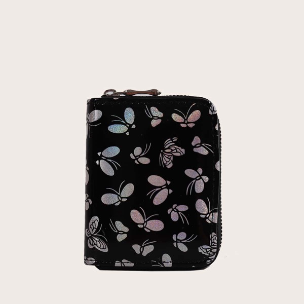 

Butterfly Graphic Zip Around Small Wallet, Black