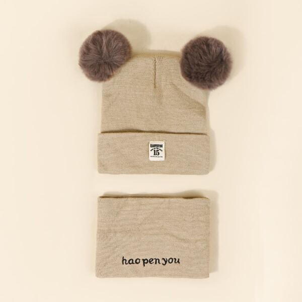 

Baby Pom Pom Decor Knit Beanie & Scarf, Khaki