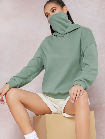 Drop Shoulder Hoodie With Neck Gaiter