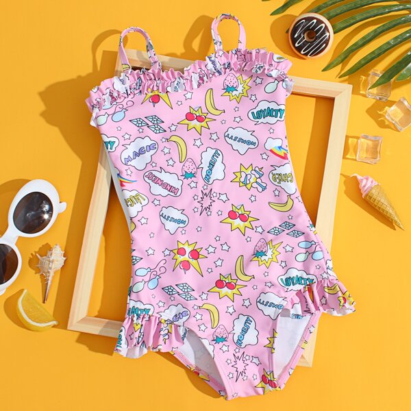 

Toddler Girls Cartoon & Letter Graphic One Piece Swimsuit, Pink