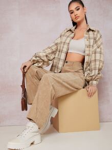 SHEIN EZwear Plaid Button-Front Boyfriend Flannel Shirt - Khaki - View 5
