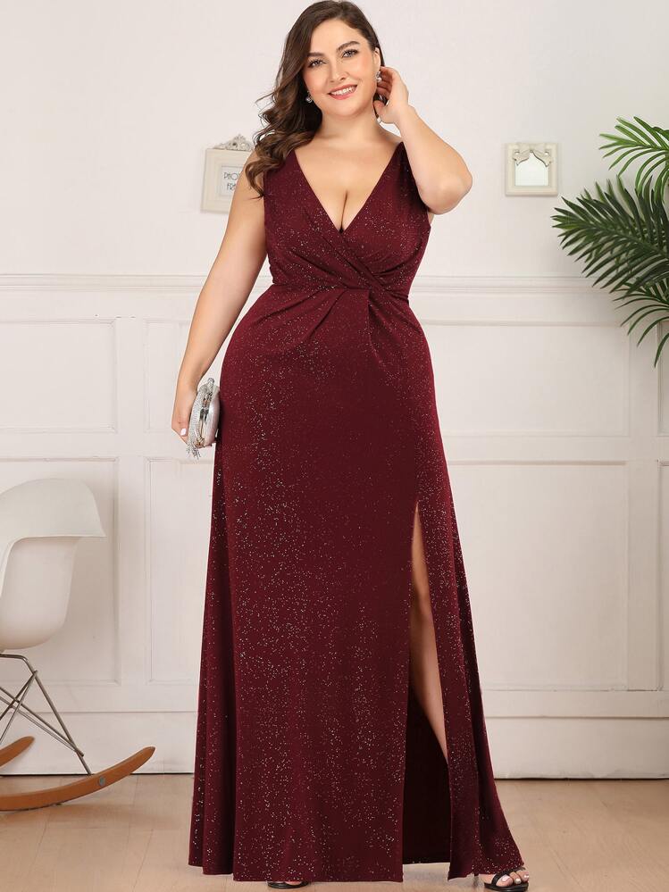 Plus Surplice Neck Split Thigh Glitter Dress - Burgundy - View 1