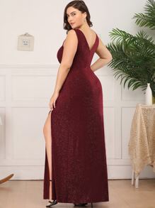 Plus Surplice Neck Split Thigh Glitter Dress - Burgundy - View 2