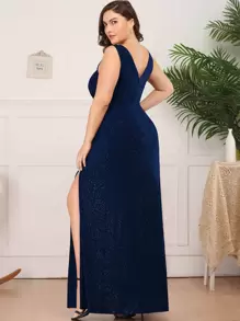 EVERPRETTY Plus Surplice Neck Split Thigh Glitter Dress - Navy Blue - View 2