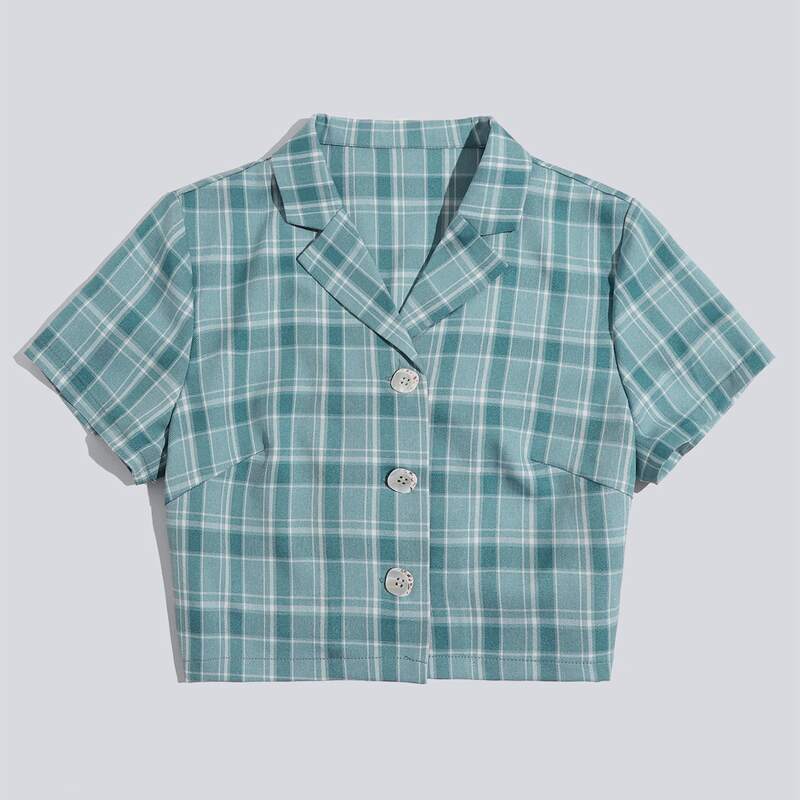 

Plaid Button Front Blouse, Cadet blue