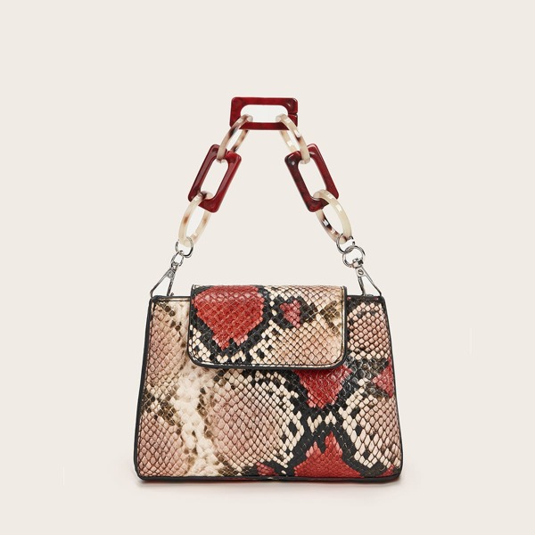 

Snakeskin Print Chain Satchel Bag, Multicolor