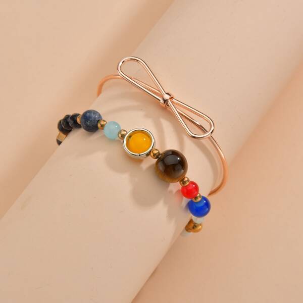 

2pcs Bow Decor Bracelet, Multicolor