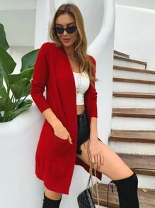 AAmilife Open Front Pocket Patched Cardigan - Red - View 1