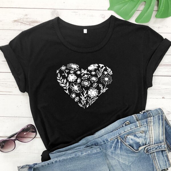 

Heart And Floral Print Tee, Black
