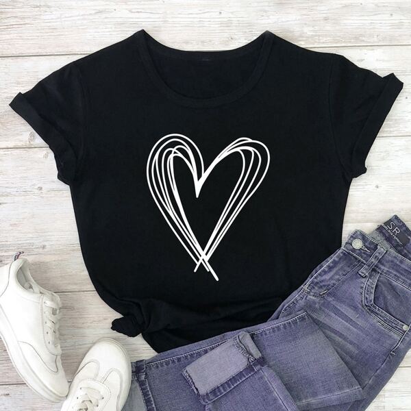 

Heart Print Crew Neck Tee, Black
