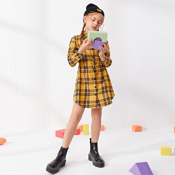 

Girls Drawstring Waist Tartan Shirt Dress, Multicolor