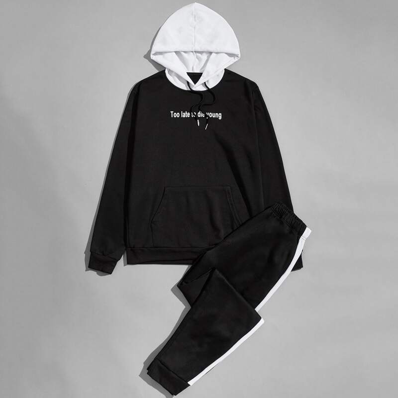 

Guys Slogan Graphic Hoodie & Side Stripe Pants, Black