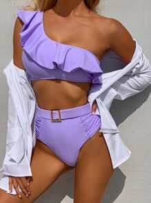 Ruffle Hem Ruched One Shoulder Bikini Set Summer Beach - Violet Purple - View 1