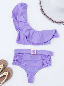Ruffle Hem Ruched One Shoulder Bikini Set Summer Beach - Violet Purple - View 4