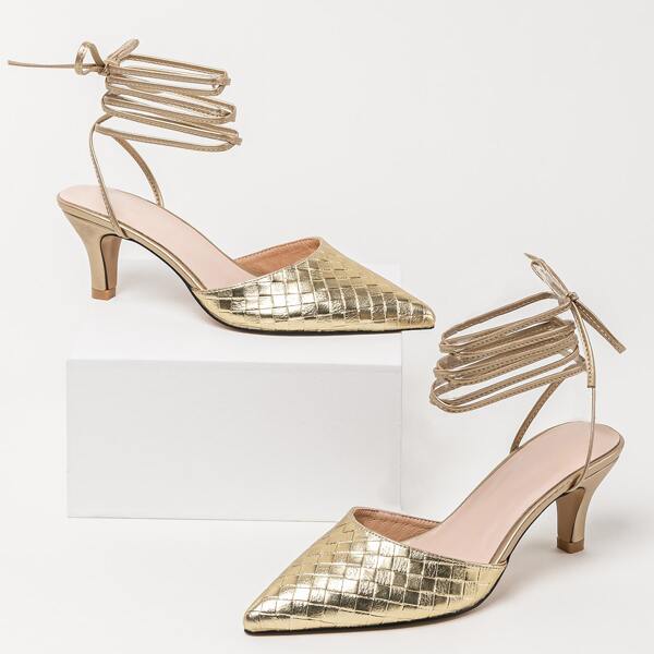 

Metallic Woven Pattern Tie Leg Pumps, Gold