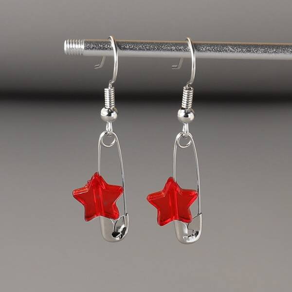 

Safety Pin Drop Earrings, Red