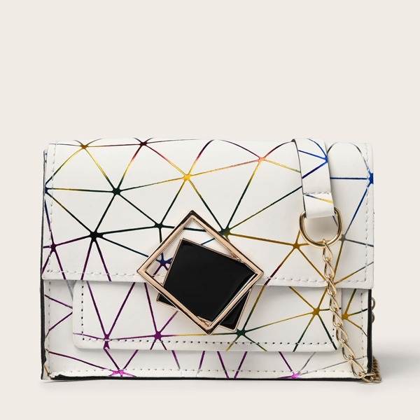 

Geometric Graphic Flap Crossbody Bag, White