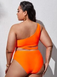 SHEIN Swim Curve Conjunto de bikini de talla grande con parte superior de un hombro recortada y bottom de talle alto, traje de baño de 2 piezas - Naranja - Ver 2