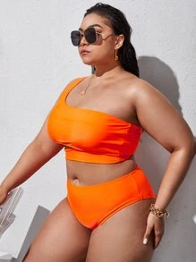 SHEIN Swim Curve Conjunto de bikini de talla grande con parte superior de un hombro recortada y bottom de talle alto, traje de baño de 2 piezas - Naranja - Ver 3