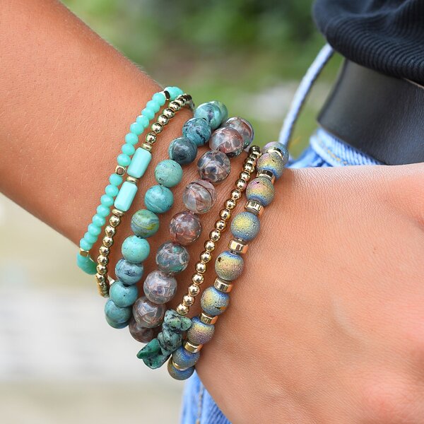 

6pcs Natural Stone Decor Beaded Bracelet, Multicolor