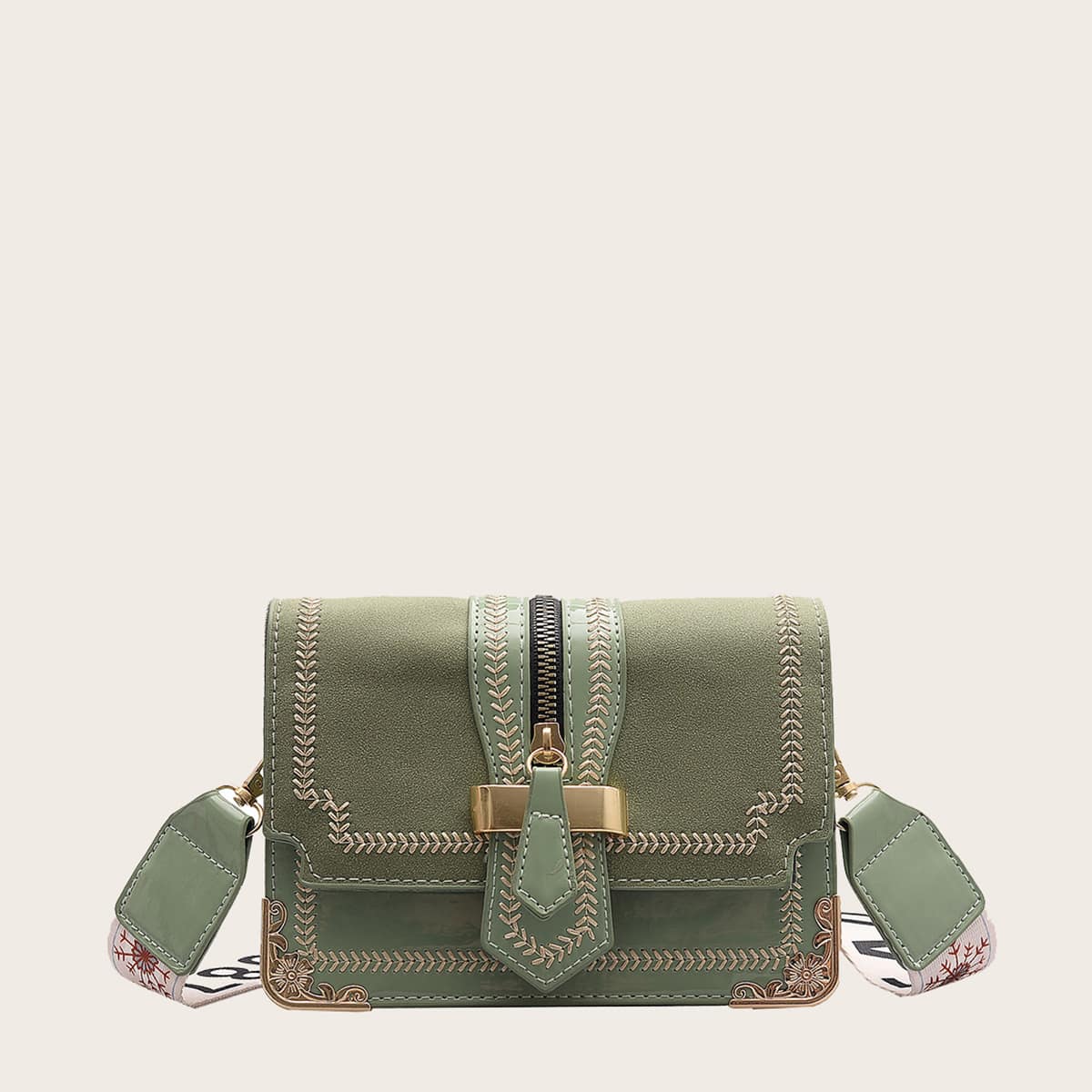 

Embroidery Trim Buckle Crossbody Bag, Mint green