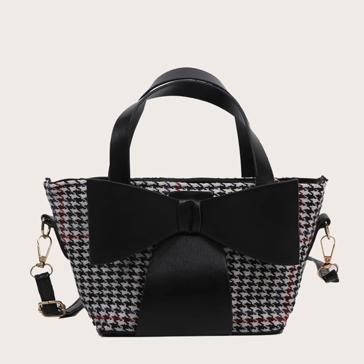 

Bow Decor Houndstooth Satchel Bag, Black
