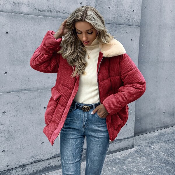 

Flap Pocket Corduroy Puffer Coat With Borg Collar, Rose red