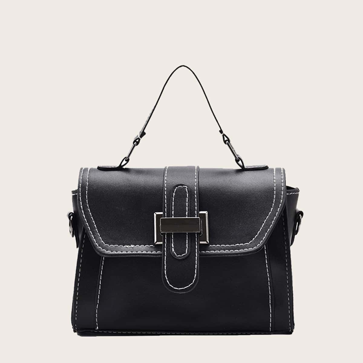 

Solid Buckle Satchel Bag, Black