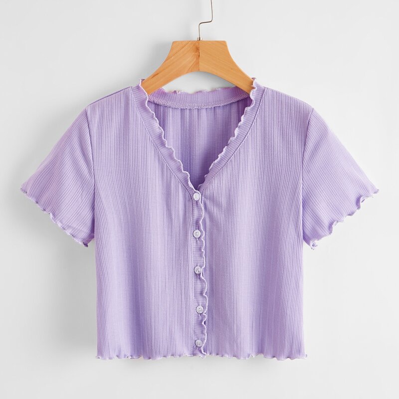 

Solid Button Front Lettuce Trim Crop Tee, Lilac purple