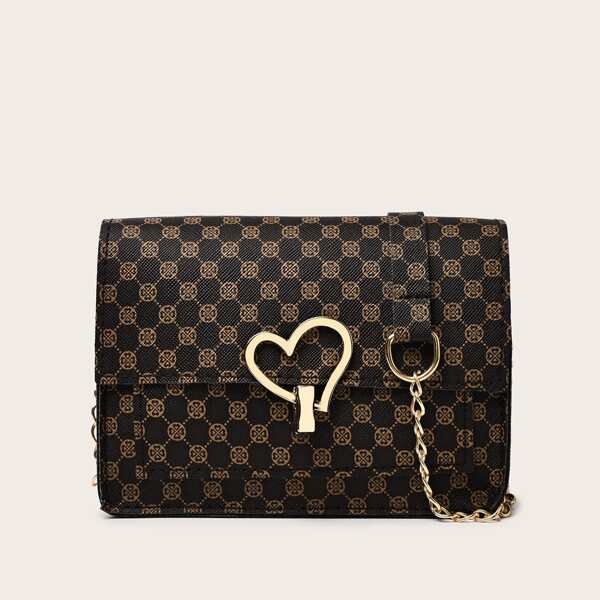 

Metal Heart Decor Chain Bag, Brown