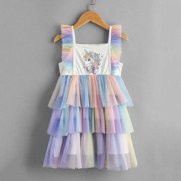 

Toddler Girls Cartoon Unicorn Print Ombre Mesh Panel Dress, Multicolor