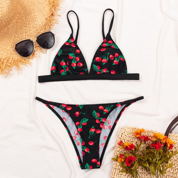 

Cherry Print Triangle Thong Bikini Swimsuit, Multicolor